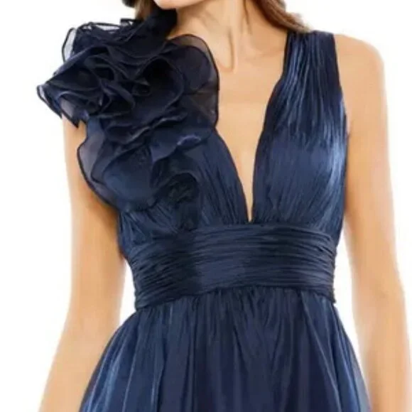 Mac Duggal Midnight Blue Empire Rosette Midi Dress